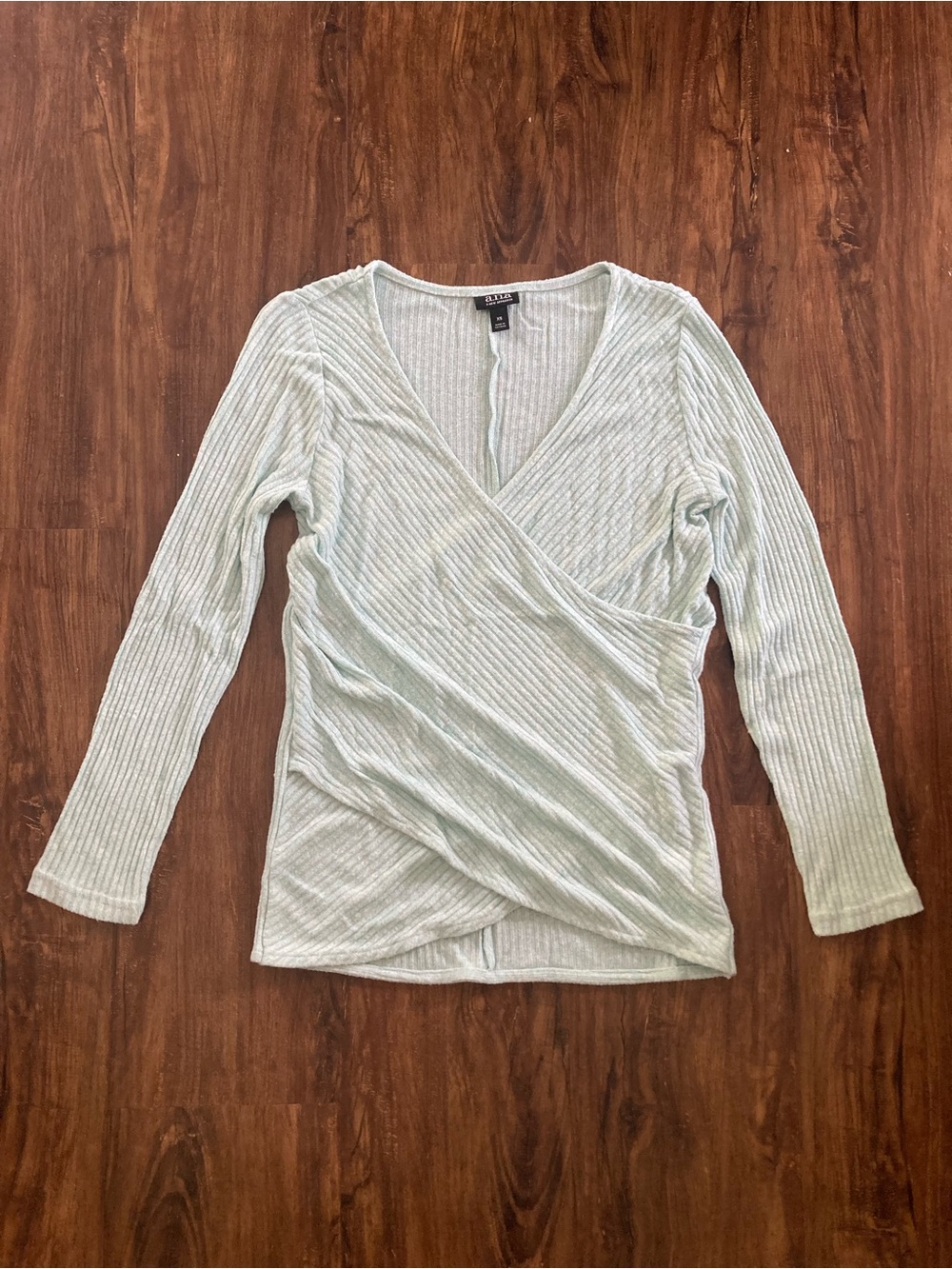 a.n.a Light Aqua Ribbed Knit Faux-Wrap Long Sleeve Top Women’s Size XS